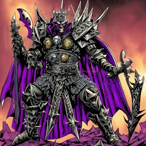 Prompt: Obsidious, a purple, black and gold villain with spikes and massive Roman armor with a cape and a threatening battle axe and crossbow made from hatred and crystals drawn in a comic book style