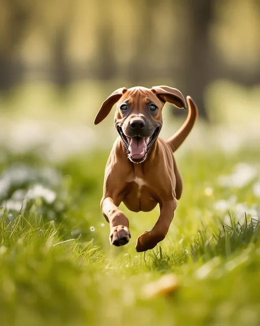 Prompt: A happy brown Rhodesian ridgeback puppy running freely across a large grassy field on a sunny spring day. Shallow depth of field keeps the sprinting puppy in sharp focus while softly blurring the background of trees and humans. Fast shutter speed freezes the energetic pup mid-run, ears flapping in the wind and tongue wagging with joy. Shot with a Sony A7R III using a 70-200mm lens at f/2.8 at 1/1000 shutter speed. Bright, fun lighting enhances the playful mood.