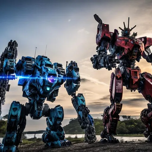Prompt: 
Make a HDR picture of pacific rim mech, it’s blue and purple, laser, arm canyon, sword on back, 150ft tall, chain saw, give the robot a chain saw, laser rifle