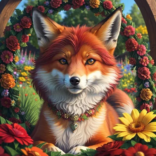 Prompt: (3D, 8k, masterpiece, oil painting, professional, UHD character, UHD background) Portrait of Vixey, Fox and Hound, brilliant red fur, brilliant amber eyes, big sharp 8k eyes, sweetly peacefully smiling, enchanted garden, vibrant flowers, vivid colors, lively colors, vibrant, high saturation colors, flower wreath, highly detailed fur, highly detailed eyes, highly detailed defined face, highly detailed defined furry legs, highly detailed background, full body focus, UHD, HDR, highly detailed, golden ratio, perfect composition, symmetric, 64k, Kentaro Miura, Yuino Chiri, intricate detail, intricately detailed face, intricate facial detail, highly detailed fur, intricately detailed mouth