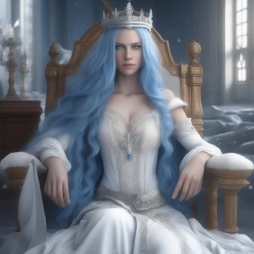 Prompt: female, realistic, long blue hair, blue eyes, thrown room, daytime, white colors, queen, royal, elegant outfit, ice themed, angel, medieval, high definition, professional, normal hands