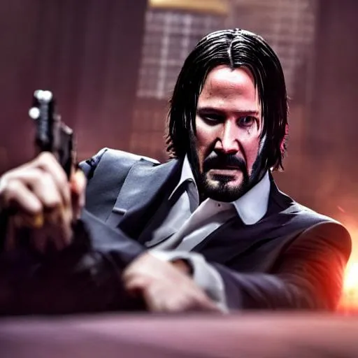 Prompt: Full length photo of John Wick as a Killer, with a gun in his hand, body of a man lying on the ground, blood oozing out of body of man on the ground, highly detailed, 4 k, hdr, smooth, sharp focus, high resolution,