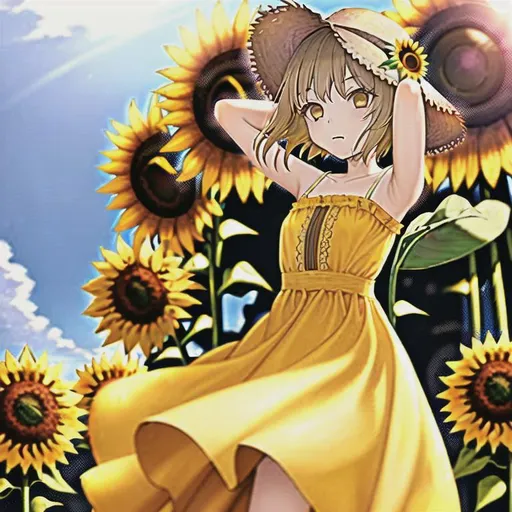 Prompt: Girl in yellow sunflower dress