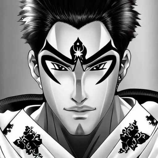 Prompt: Face of a highly detailed illustration of a fierce short white-haired attractive young Japanese man wearing white hakama, and black sclera! eyes, muscular, intricate, elegant, highly detailed, centered, manga art.