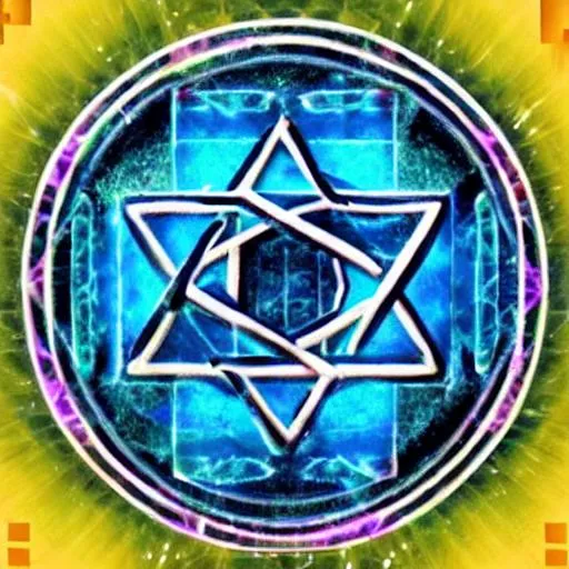 Prompt: electrically charged ancient hexagram more electricity more charge arc more blue add sigils 