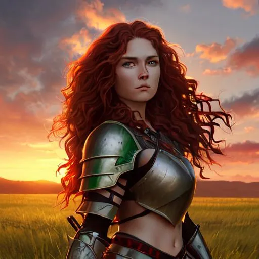 Prompt: A high quality photorealistic warrior woman with a photrealistic face walking across a meadow in the sunset with a glow behind her, has green eyes and red wavy hair and is wearing armor