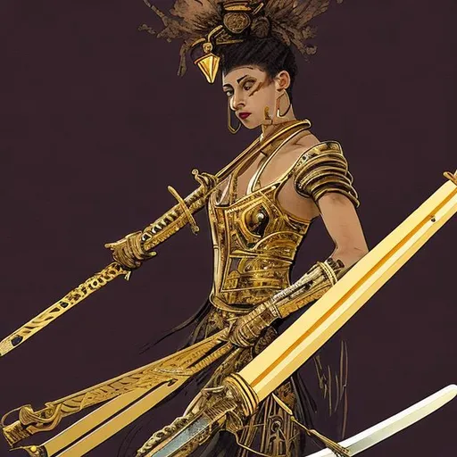 Prompt: Brown queen of swords wearing gold futuristic 
