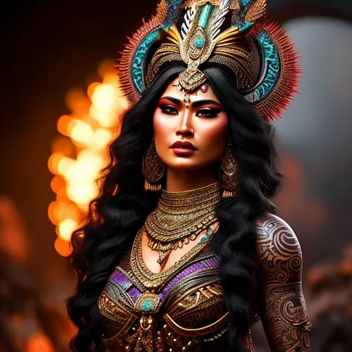 Prompt: maori goddess, brightly dressed, tribal tattoos, hyper realistic, extremely detailed, dark cinematic, UHD