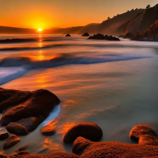 Prompt: Beautiful Autumn sunset over water at Big Sur, California 