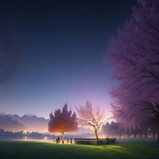 Prompt: night sky full of bright stars and moonlight that is illuminating a romantic willow tree on a hill that is a perfect dating location, intricate, highly detailed, digital painting, artstation, concept art, smooth, sharp focus, illustration, unreal engine 5, 8k, art by artgerm and greg rutkowski and alphonse mucha