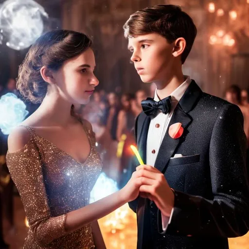 Prompt: Boy in a tuxedo casting a magic spell with his magic wand shaped like a stick about 6 inches long and standing next to his girlfriend who is in a big red puffy sparkly ball gown at prom