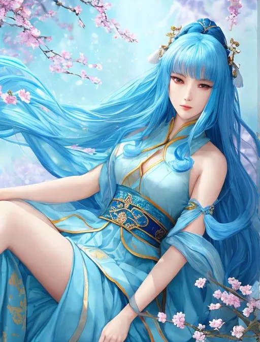 Prompt: she emperor wive with wuxia dress with blue fabric with faint Brocade pattern, soft lighting, beautiful detailed eyes, girl, perfect body, brave pose, seductive, lovely, tipsy, beautiful intricate hairs, pale skins, ember spark, water splash, busty, vortex, windy, majestic magic mystic mirage, symmetrical, full body, perfect composition, hyperrealistic, super detailed, 8k, high quality, trending art, trending on artstation, sharp focus, studio photo, intricate details, highly detailed, by Jørn Simensen