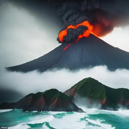 Prompt: Amidst a tropical island's lush greenery, a mighty volcano looms, its peak obscured by mist. Massive waves crash against the rugged shoreline, creating a dramatic contrast between the serene island and the untamed forces of nature.




