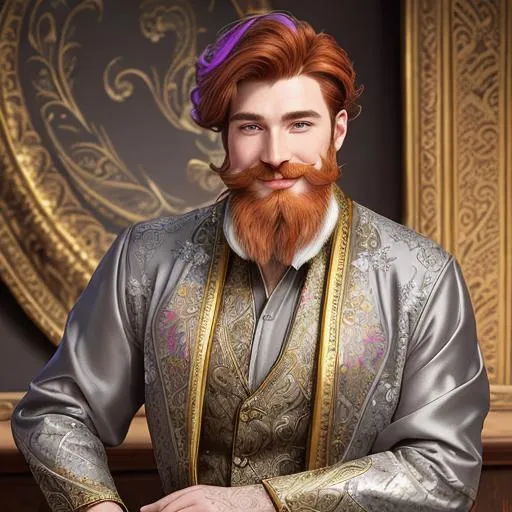 Prompt: A handsome bard with bright auburn hair, close cut beard, shaven mustache, a bit of grey hair on his sideburns, a warm smile and a happy look on his face. He is wearing a set of fine multicolored silk clothes with intricate designs of silver and gold engraved on them. Portrait. Bright tavern stage in the background.