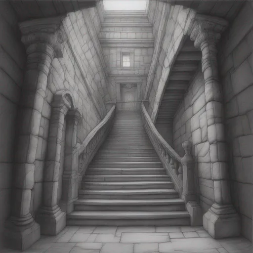 Prompt: looking down a stone stairwell, pencil drawing, epic, ominous, highly detailed.