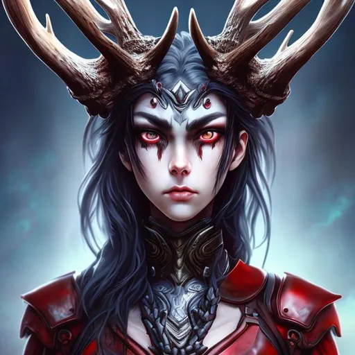 Prompt: looking left, big antlers, red eyes, confused, sad, female, stoic, regal, blue skin, profile view, leather, huge breasts
