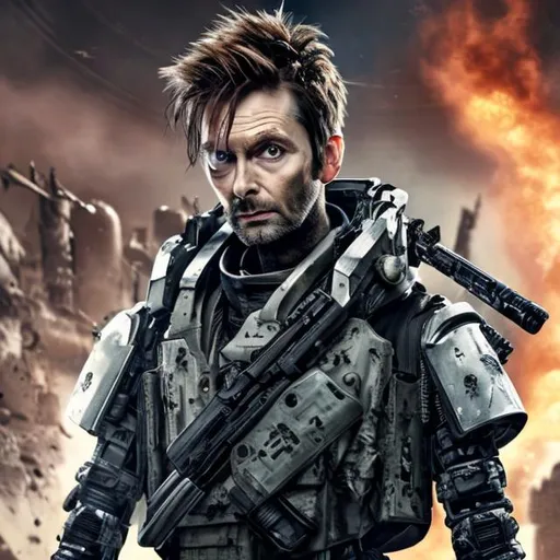 Prompt: David Tennant with a scar and eye patch and bleached hair shouting angrily wearing an armored futuristic scifi military uniform and holding an advanced exotic shotgun in full color
