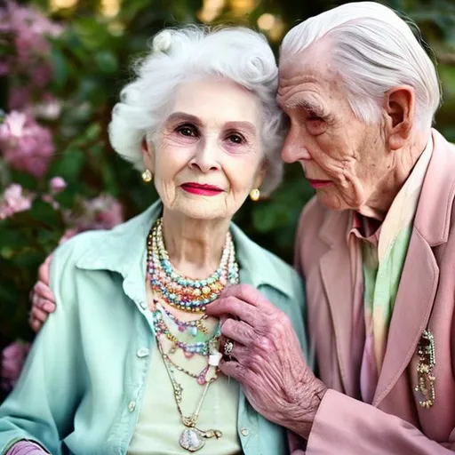 Prompt: In love Old couple with jewelry and pastel clothes. 