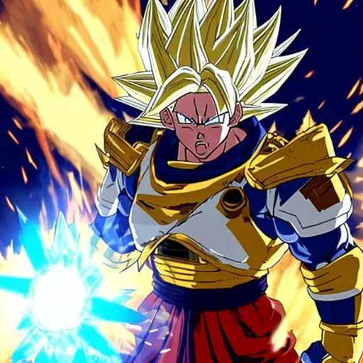 Prompt: A fighter with blue and white armor with golden super saiyan hair