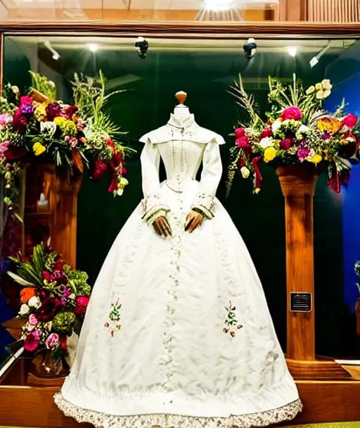 Prompt: photo of a traditional Victorian wedding dress,  museum display 
