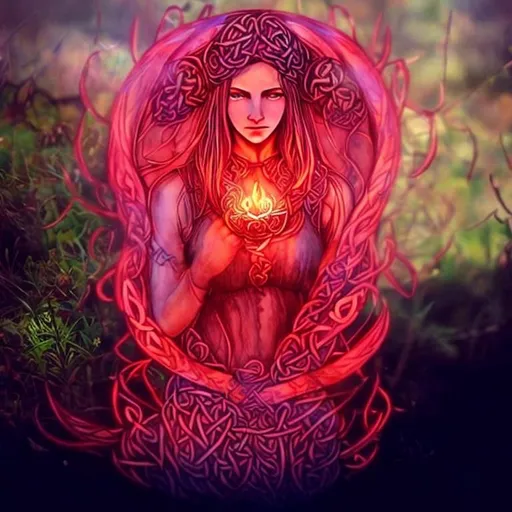 Prompt: celtic pagan goddess: Bridgid. Fire, herbal healing, water well, woman. red warrior goddess. Trippy anime