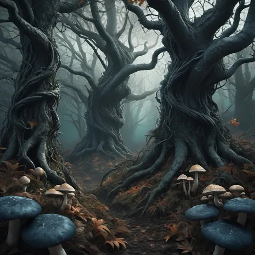 Prompt: Hyper-realistic dark fantasy dense forest, various sizes multiple trees, dense foliage, autumn, eerie atmosphere, detailed trees, twisted branches, highres, ultra-detailed, dark fantasy, autumn tones, eerie ambiance, detailed foliage, atmospheric lighting, realistic style, twisted tree branches, 3 mysterious mushrooms, lurking dark creatures, dark blue and dark green tone