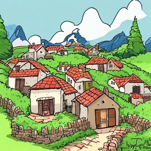 Prompt: Cartoon, cosy house, small village, dog