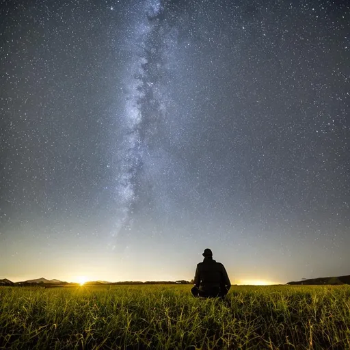 Prompt: A man sat in desolate field at nighttime 