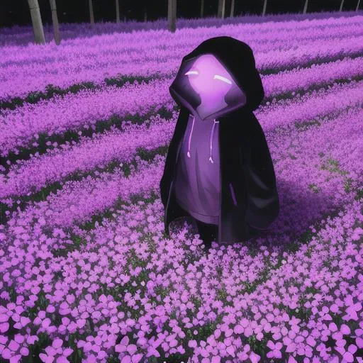 Prompt: Photo, overhead, of a dark figure with a hoodie with purple light for a face, walking through a flower field