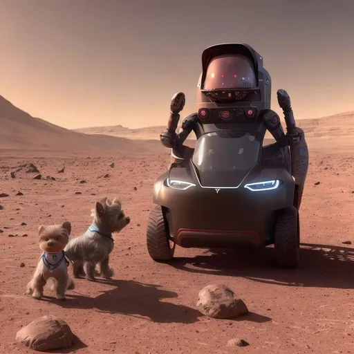 Prompt: image of elon musk in tesla with robot yorkie terrier on Mars, aliens and moon, beams of neon rays, ai render, smoke, water, black mirror, time lapse