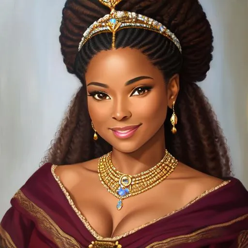 Prompt:  An intricately detailed Oil Painting of A  36 year old African American Queen with ethereal, timeless beauty in face and form. She has mostly brown hair and a little bit of grey starting to show around her face which makes her look very sophisticated. She has a very disarming, genuine smile that lights up her eyes. She is a Regal Beauty with a warm heart wearing an impressive gold and diamond crown. Dressed in white and gold highly ornate formal royal evening gown. Epic perspective. Digital art. Masterpiece quality. Fantasy art. Hyper detailed. 