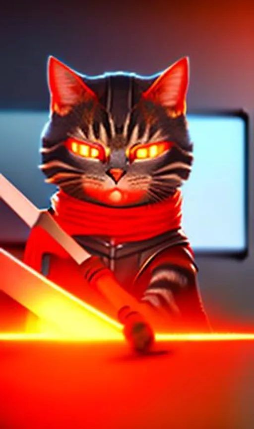 Prompt: Orange ninja cat with sword in hand + typing on keyboard + red glow eyes+ photorealistic, unreal engine 5, RTX