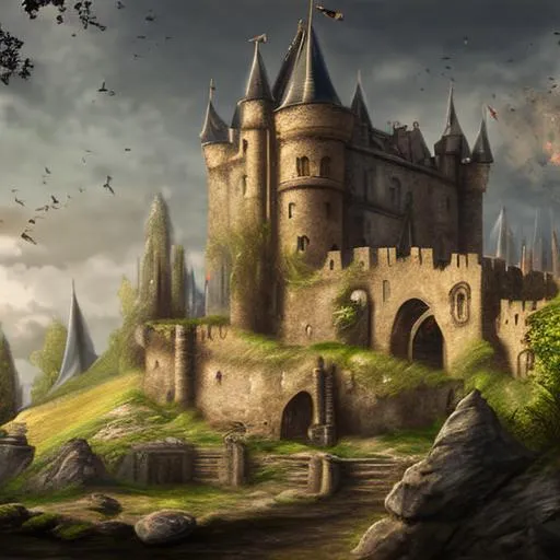 Prompt: medieval castle, epic landscape, digital, very detailed, fantasy style, artstation