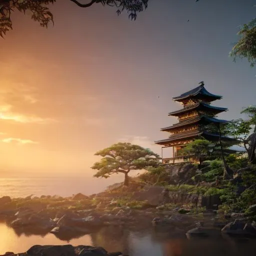 Prompt: Japanese temple, sunset, waterfalls, rocks, trees, nature, beautiful stylish view, 8k