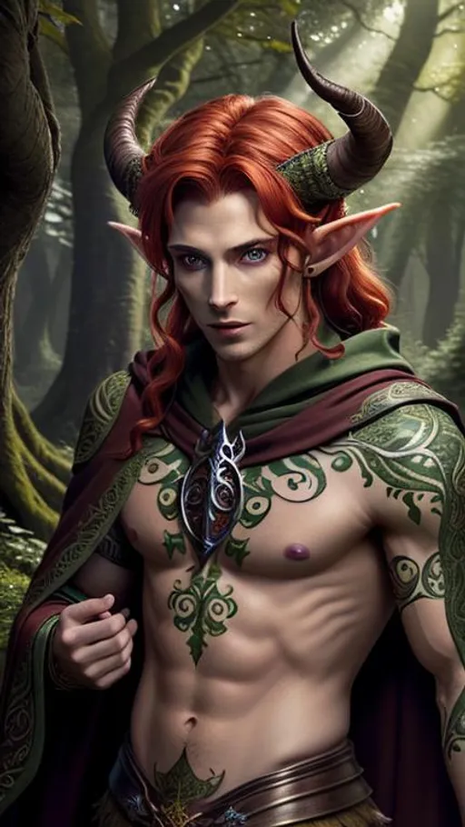 Prompt: masterpiece, best quality, best resolution, ultra-detailed, highly detailed, ultra detailed eyes, detailed skin, wood skin, Male Tiefling, dryad, horns, leaves, green eyes, cloak, sword, deception, magic, Half fey, half infernal, arboreal appearance, demonic appearance, red hair, pointed ears, runic tattoos, elven and devilish heritage, red skin, flowers, branching horns, carved staff, illusion, seduction