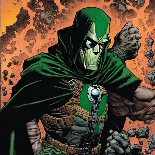 Prompt: Bert Kriescher with a Doctor Doom mask on his face and wearing a bullet belt