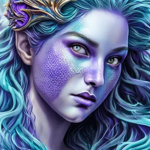 Mermaid goddess hyper realistic face features blue a... | OpenArt