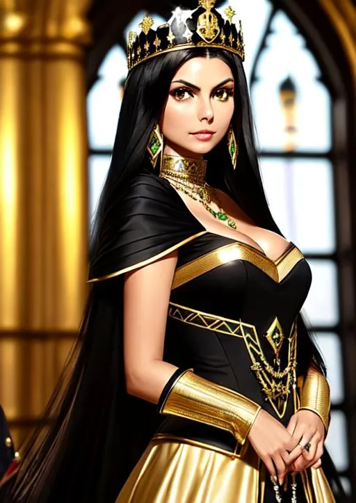 Prompt: Mix victoria justice and Morena Baccarin, green eyes, black long hair, dark skin, white and gold medieval royal dress, cleavage, eyes green, hair black, gold jewelry, medieval castle, best quality, gold crown, green jewels 