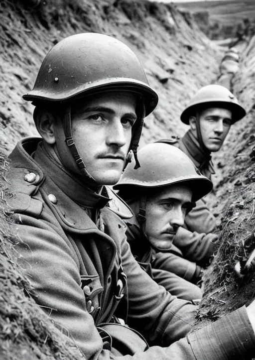 Prompt: World War One Soldiers in a World War One Trench in black and white