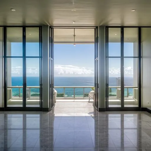 Prompt: A penthouse interior with a big window looking out over Honolulu  with the sea in the background at mid-afternoon.