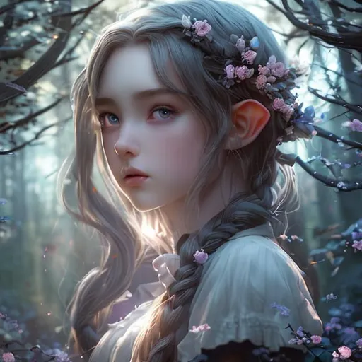 Prompt: (masterpiece) (highly detailed) (top quality) (cinematic shot)  anime style, front view, goddess of dark forest,realistic, instagram able, 1girl with elf ears walking into the forest, reflections, depth of field, 3D illustration, professional work, long hair, blonde hair, centered shot from below, dark blue eyes, cherry blossom dark forest, sunlight background, calling us to folow her.