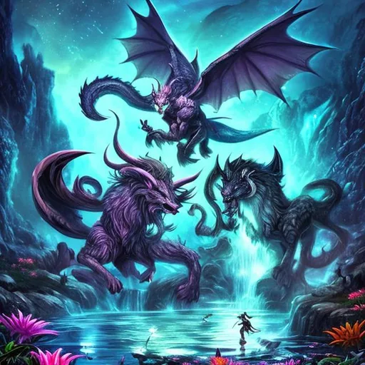 Prompt: Epic beautiful mythical animals near a waterfall next to a pond surrounded by bright colorful flowers at night under a full moon at night dungeons and dragons style 