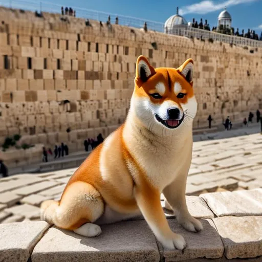 Prompt: Shiba Inu on hilltop in jerusalem at western wall realistic
