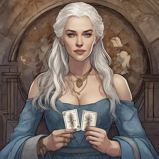 Prompt: Game of Thrones Female with shoulder-length white hair, No necklace, Lucious thicker lips, Intimidating blue eyes staring at her holding fortune telling cards, Member of House Arryn, wearing a translucent dress, dirty hair