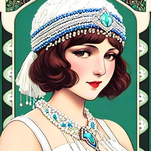 Prompt: EPIC PERSPECTIVE. Art nouveau style. Flapper Girl in full flapper style, beaded and fringed, all white, mini dress with flapper style beanie cap with white beaded fringe with lovely face. haute couture circa 1920. Digital art very intricate art nouveau 