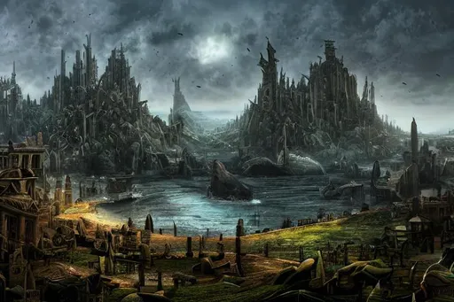 Prompt: cinematic composition, hyper realistic, highly detailed, concept art, dynamic range, depth of field,  Elven city on the shores of a crescent shaped bay with a single island in the middle with a large tower

