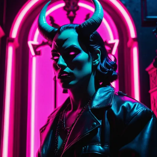 Prompt: demon, hell, demonic, gothic, vaporwave, retro, neon, aesthetic, liminal, high quality, high definition, beautiful, dramatic lighting