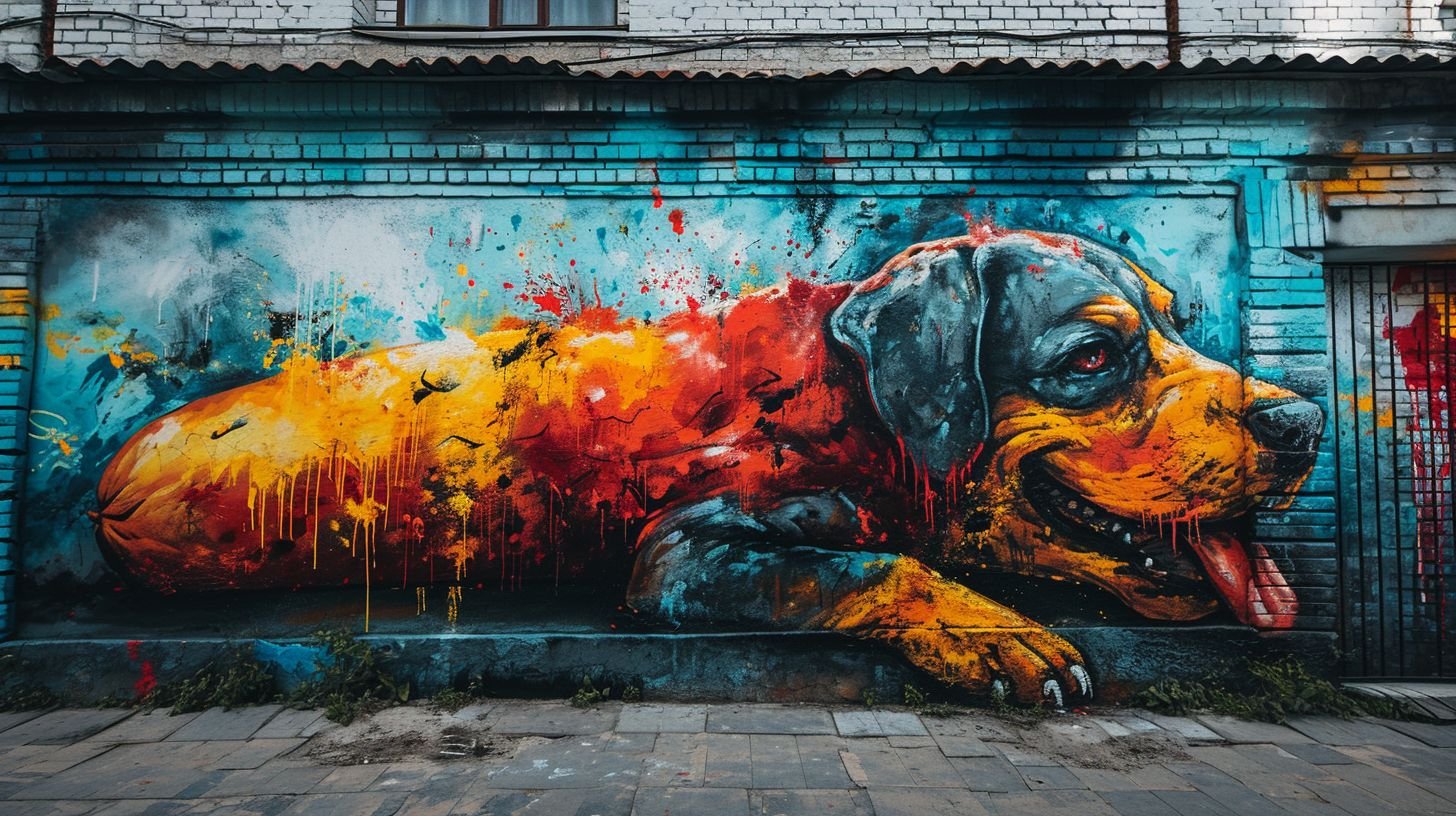 Prompt: red bull hotdog by mick robinson, in the style of street art photography, grotesque characters, cryptopunk, dripping paint, canon eos 5d mark iv, energetic gestures, cartoon-inspired pop