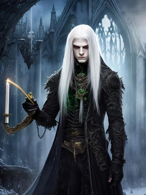Prompt:  8K, HD, 3D, portrait of wicked dark wizard, albino male, beautiful face, handsome male, dynamic pose,pale beautiful face, grey stunning eyes, delicate face, extra long white straight hair, elegant green wizard clothes, intricate, detailed, charming male, light contrast, noble, perfect anatomy, gothic dark room ambient, perfect male beauty, golden ratio