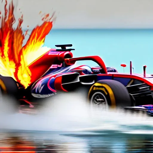 Prompt: f1 driving on water with fire